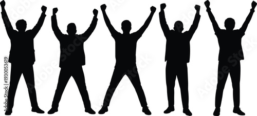 Five Men Silhouettes With Arms Raised In A Gesture Of Triumph On White Background Keywords: men, silhouettes, arms raised