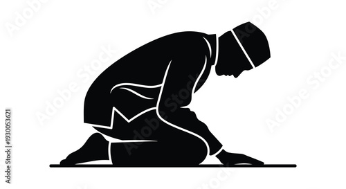 A devout muslim man is shown in a prayerful pose kneeling in supplication a striking silhouette high quality
