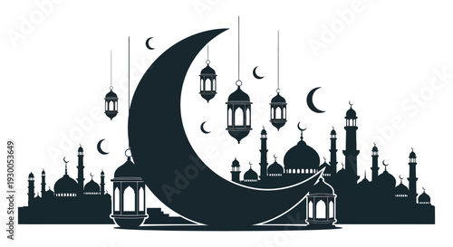 A striking black silhouette depicts a crescent moon mosque and cityscape for ramadan celebrations silhouette high quality professional