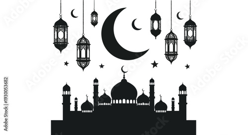 A decorative arrangement of islamic elements including a mosque crescent moons and lanterns silhouette high quality professional detailed