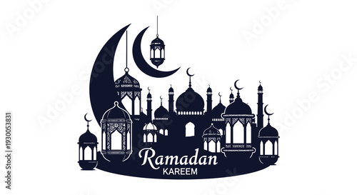 A stunning ramadan kareem design featuring a mosque crescent moon and lanterns in silhouette high quality professional detailed
