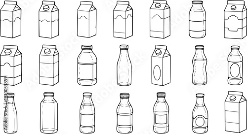 Cartoon Milk Containers Collection: Black and White Sketch Icons