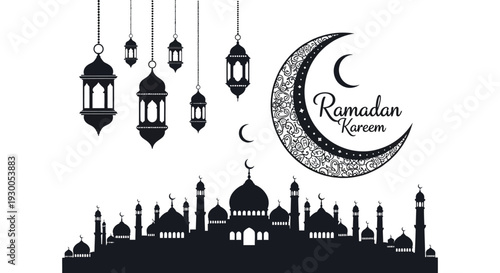 A decorative ramadan kareem illustration featuring a crescent moon ornate lanterns and a city skyline silhouette high quality