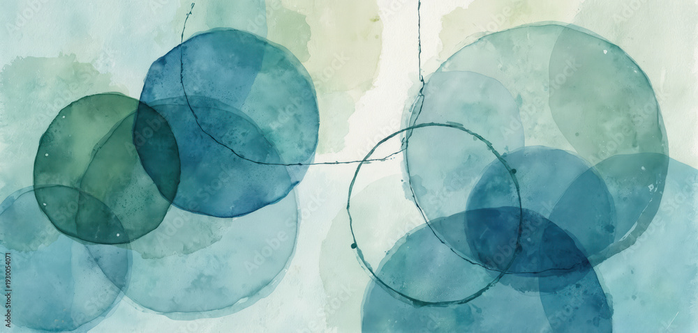 Obraz premium Watercolor painting shows overlapping blue and green circles. Abstract art with organic shapes and lines. Soft blended colors and textures. Represents harmony and flow.