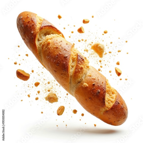 Golden brown French bread loaf is breaking apart with crumbs flying. Crispy baked crust with soft inside texture, isolated on white background. Delicious fresh pastry.