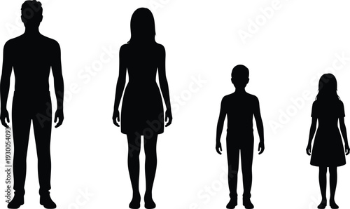 Four Black Silhouettes of People Including Adult Man Woman and Two Children on White Keywords: silhouette, people, man, woman