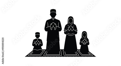 A family of four in traditional islamic clothing praying together depicted as a striking silhouette high quality professional