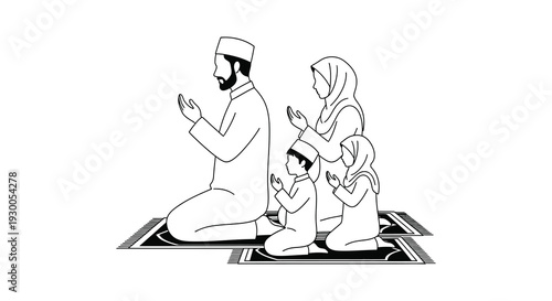 A muslim family of three is depicted in prayer showcasing devotion and faith in a striking silhouette
