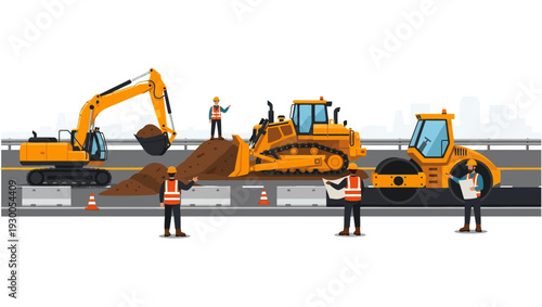 Construction workers operating heavy machinery on road.