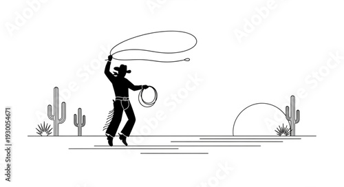Silhouette cowboy swinging lasso in desert landscape at sunset.