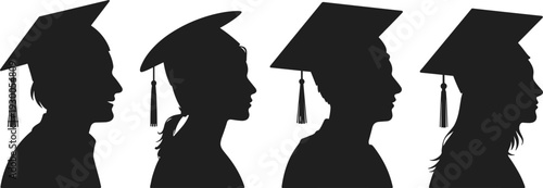 Four Graduation Cap Silhouettes of Diverse Individuals in Profile with Tassels Keywords: silhouette, graduation, cap, gown