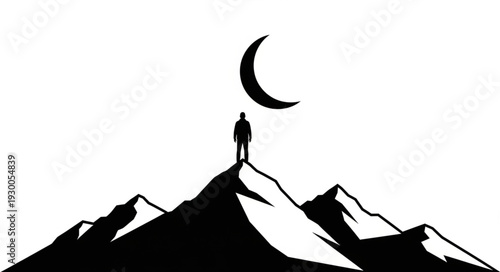 Lone figure stands on mountain peak beneath crescent moon.