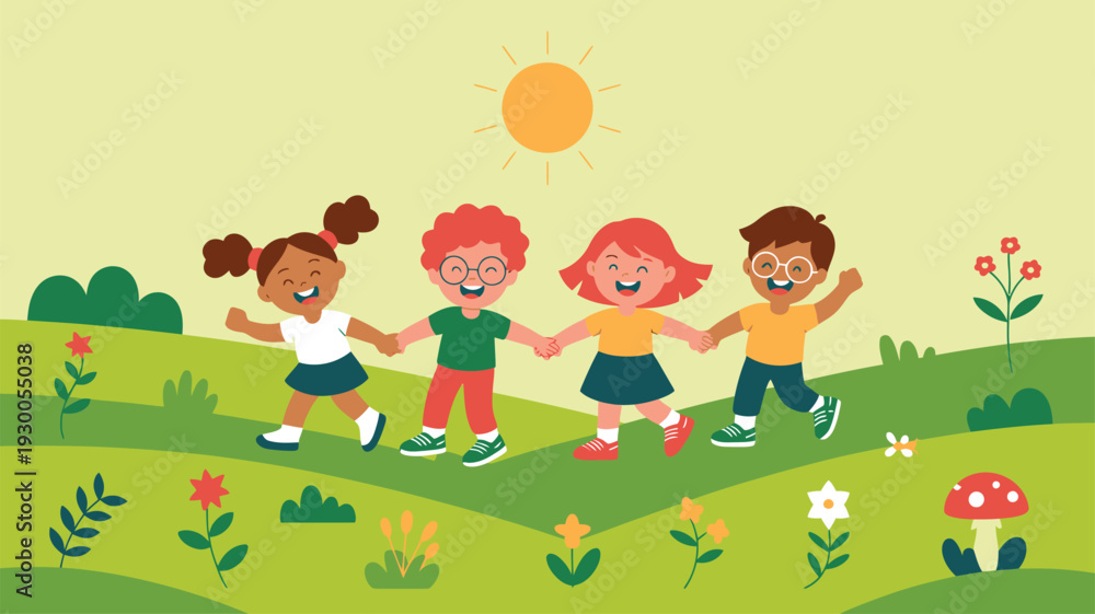 Fototapeta premium Children jumping green field celebration
