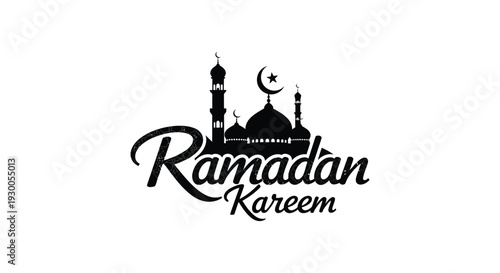 A striking ramadan kareem design featuring mosque silhouettes and crescent moon deeply contrasting with white background silhouette