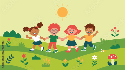 Children jumping green field celebration
