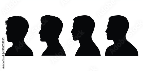 Four Male Head Silhouettes in Profile View on White Background vector illustration