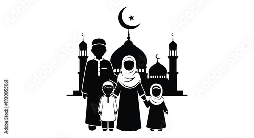 A black silhouette of a muslim family standing before a mosque with a crescent moon silhouette high quality