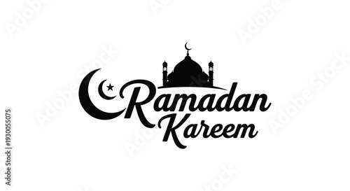 A striking black ramadan kareem calligraphy design with a crescent moon and mosque silhouette high quality professional detailed