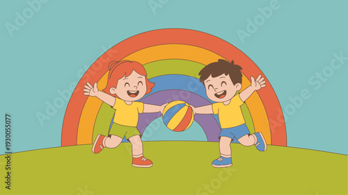 Cheerful boy and girl playing with a striped ball beneath a colorful rainbow and green hills