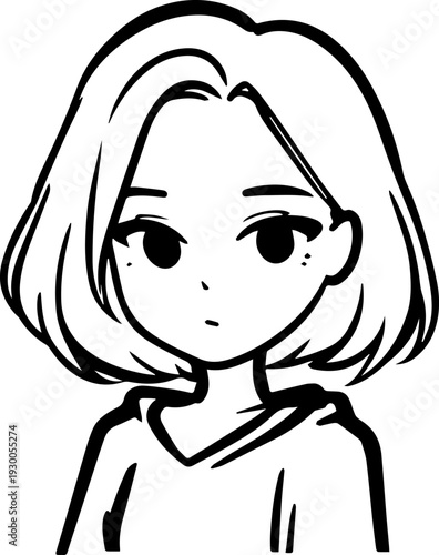 Hand Drawn Cute Cartoon Girl Black and White Avatar Illustration in Minimal Line Art Style Design