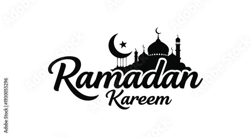 A decorative ramadan kareem greeting with a mosque and crescent moon in black silhouette high quality professional detailed