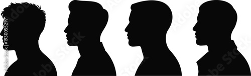 Four male profile silhouettes with different hairstyles and attire on white background head