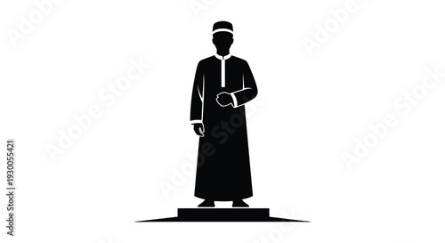 A striking black silhouette depicts a man in traditional middle eastern clothing standing formally high quality professional detailed