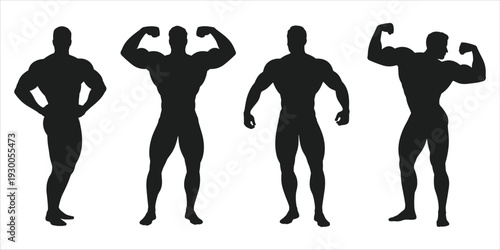 Four Muscular Male Bodybuilder Silhouettes in Posing Stances vector illustration