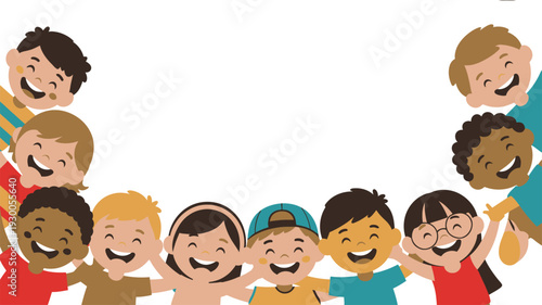 Diverse happy children peeking from bottom and sides creating a cheerful frame on white background