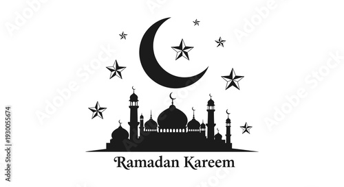 A striking black silhouette depicts a crescent moon stars and a mosque for ramadan kareem silhouette high quality