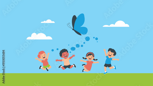 Diverse Kids Jumping Butterfly Bubbles