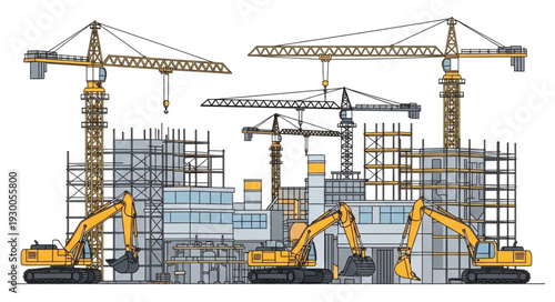 Construction site with cranes and heavy machinery building a new structure.