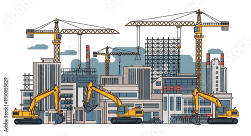 Construction site with cranes and excavators building skyscrapers in the city.