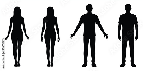 Four Silhouette Figures of Men and Women Standing on White Background woman male