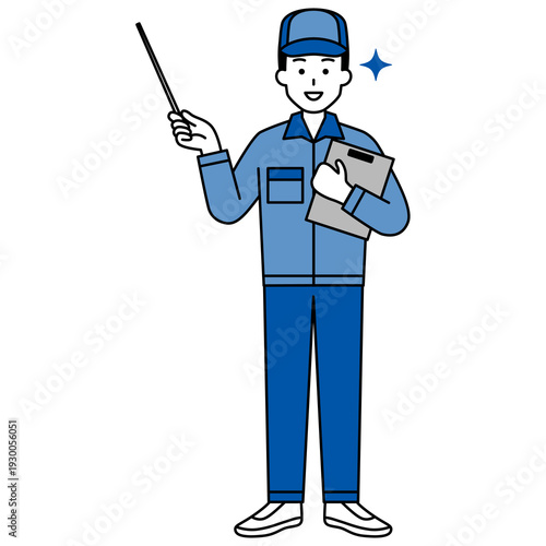 指示棒で説明するつなぎ作業服の男性（全身）