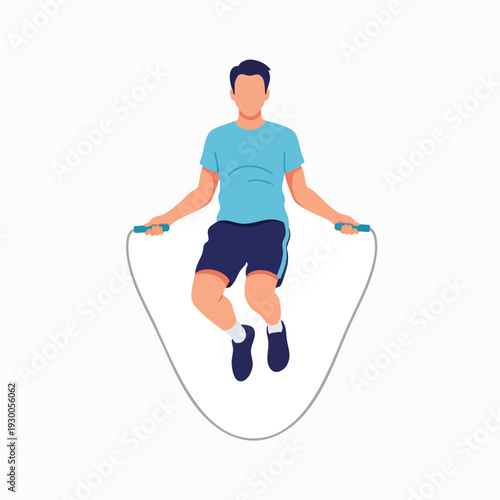 Man jumping rope in vector illustration; athletic workout; full body exercise; cardio fitness; modern flat design; blue and navy; stock image