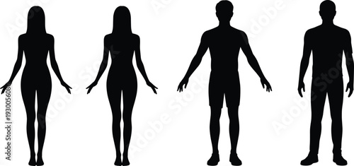 Four Silhouette Figures of Men and Women Standing on White Background woman male