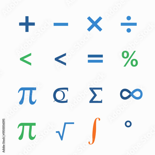 Mathematical symbols on a white background including addition subtraction multiplication division pi and infinity for education