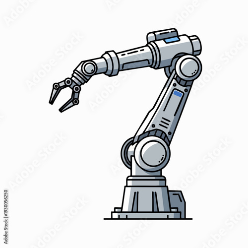 Industrial robotic arm vector illustration in mechanical design; robotics technology equipment concept; artificial intelligence machine with claw and precision movement