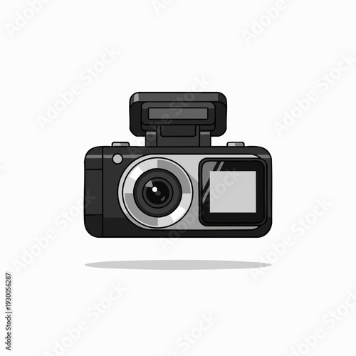 Isolated black compact camera with lens flash and display screen for photography and modern tech design illustrations