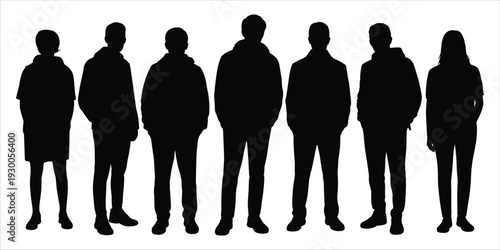 Group of Black Silhouettes of People Standing Together on White Background vector illustration