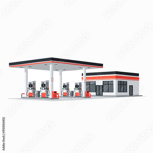 Isolated cartoon-style gas station featuring fuel pumps and convenience store ideal for commercial design projects and vector illustrations