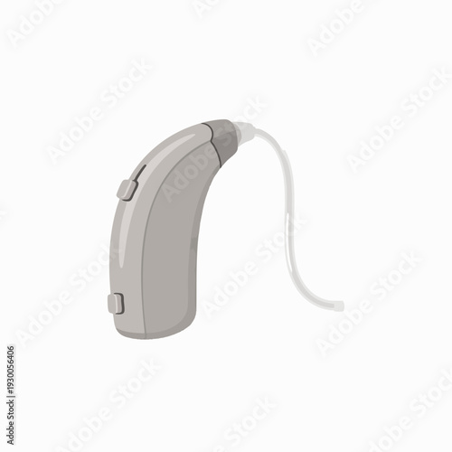 Isolated gray behind-the-ear hearing aid on white background for hearing assistance and auditory support product design