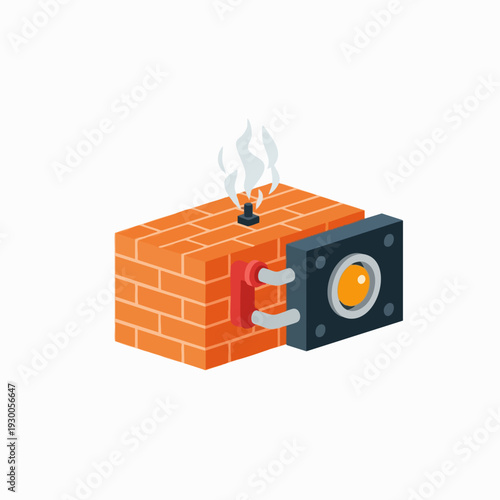 Isometric brick oven with grey smoke black metal door orange heat glow and pipes offering a unique vector design for industrial concepts