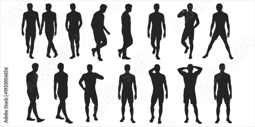 Set of 12 male silhouettes in active and relaxed poses on white background people group