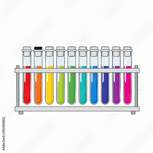 Laboratory glassware assortment filled with colorful liquids in rainbow gradient array; test tubes in rack for science experiment