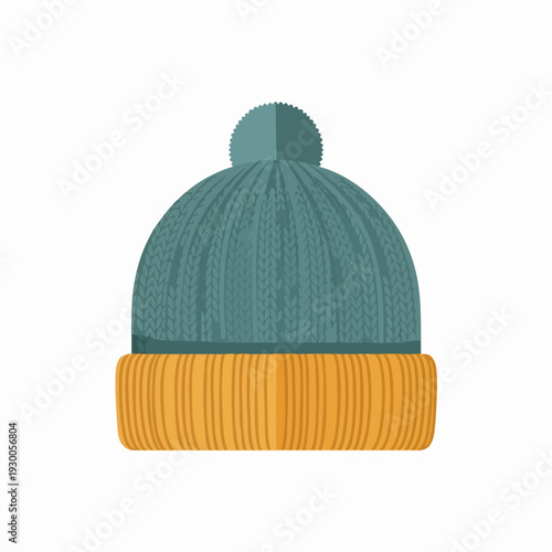 Knitted teal beanie hat with yellow brim and fluffy pompom in vector style for winter fashion design and seasonal promotions