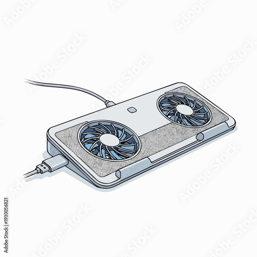 Laptop cooling pad with dual fans; gray electronic device for notebook; modern technology equipment; portable accessory for computer heat reduction