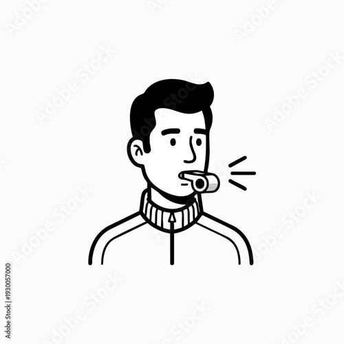 Man in tracksuit blowing whistle black and white vector drawing of male coach sports official or referee signaling with mouth instrument