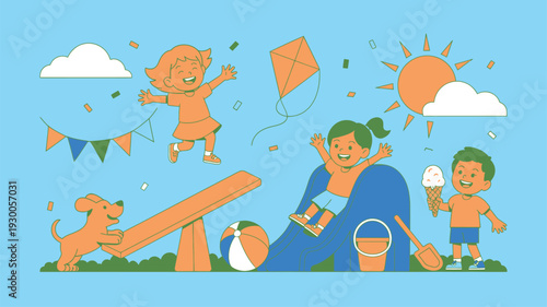 Kids playing outdoor activities line art
